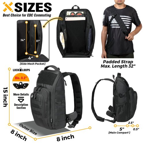 DBTAC Tactical Personal Defense EDC Bags & Packs | 10L Military Shoulder Backpack with Sling for Concealed Carry, Range, Travel, Hiking, Outdoor Sports (Black)