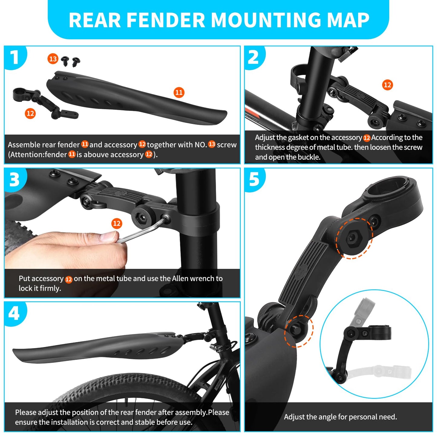 Amengsen Bike Fender Set with 26ft DIY Reflective Tape, Adjustable Bicycle Fenders for 24"/26"/27.5", 4 Parts-Universal Full Cover Thicken Widen, Front/Rear Mud Guards Fit for MTB Mountain Road Bike