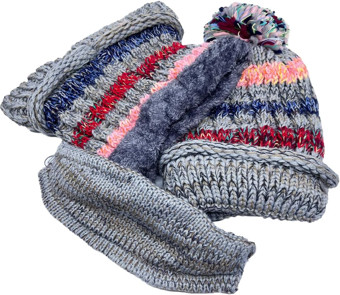 Ypser Women's Winter Warm Knitted Crochet Hat Fleece Lined Cable Faux Fur Pom Pom Beanie Hat Skull Cap