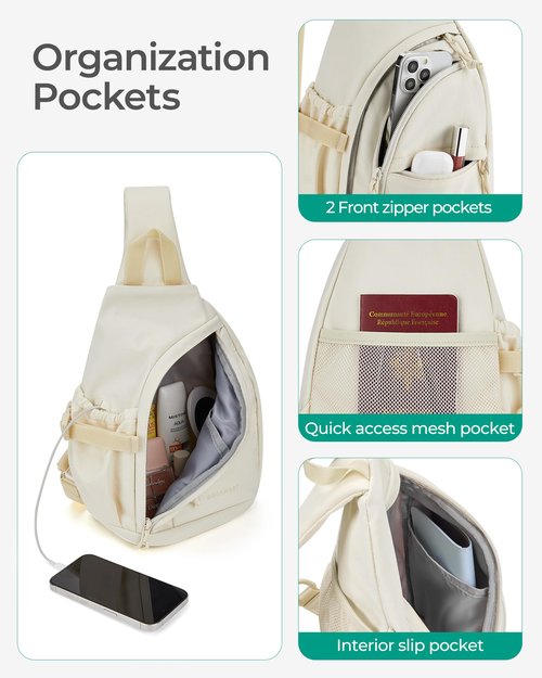 BAGSMART Small Crossbody Sling Backpack, Travel Casual Daypack Backpacks, Cross Body Chest Bag Backpack, White Opal