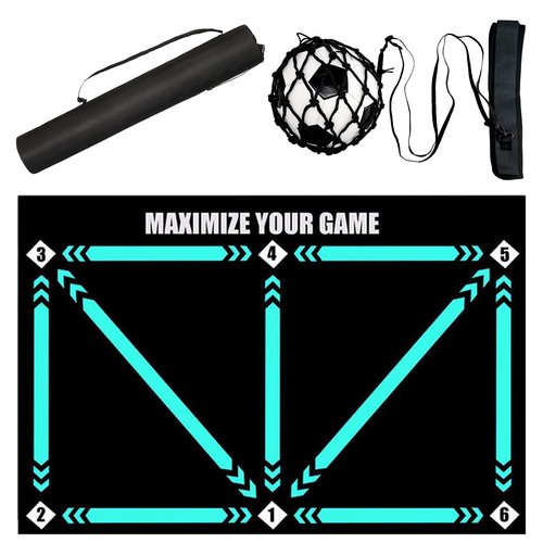 Doskona Football Footstep Training Mat, Soccer Training Mat 35 * 24IN, Soccer Skills Training Equipment with Storage Bag and Soccer Return Trainer Net (Black-Blue)