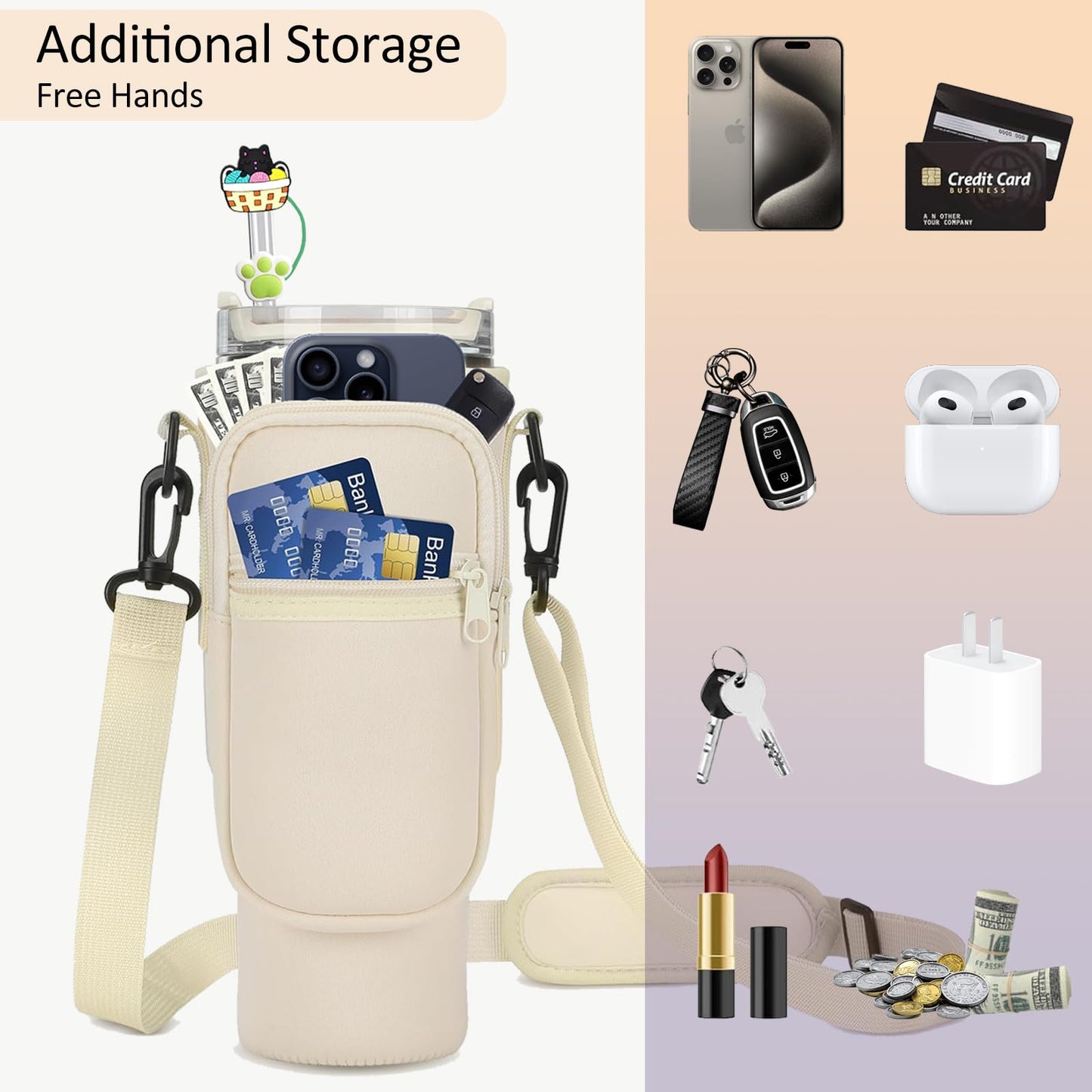 FYD Water Bottle Carrier Bag for Stanley 40oz Tumbler with Phone Pocket Neoprene Water Bottle Holder Pouch with Adjustable Strap, Straw Cover & Keychain for Stanley Cup Accessories (Beige)