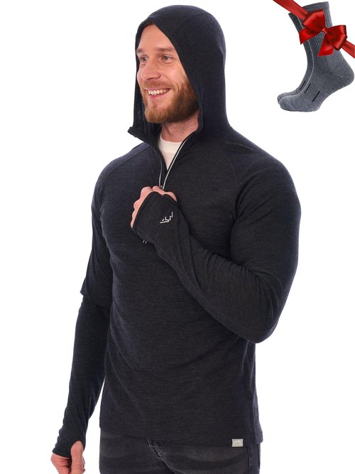 Merino.tech 100% Merino Wool Hoodie Men - Slim Fit Merino Wool Base Layer Mens Half Zip Thermal Long Sleeve Shirt and Socks (X-Large, 190 Charcoal Grey)