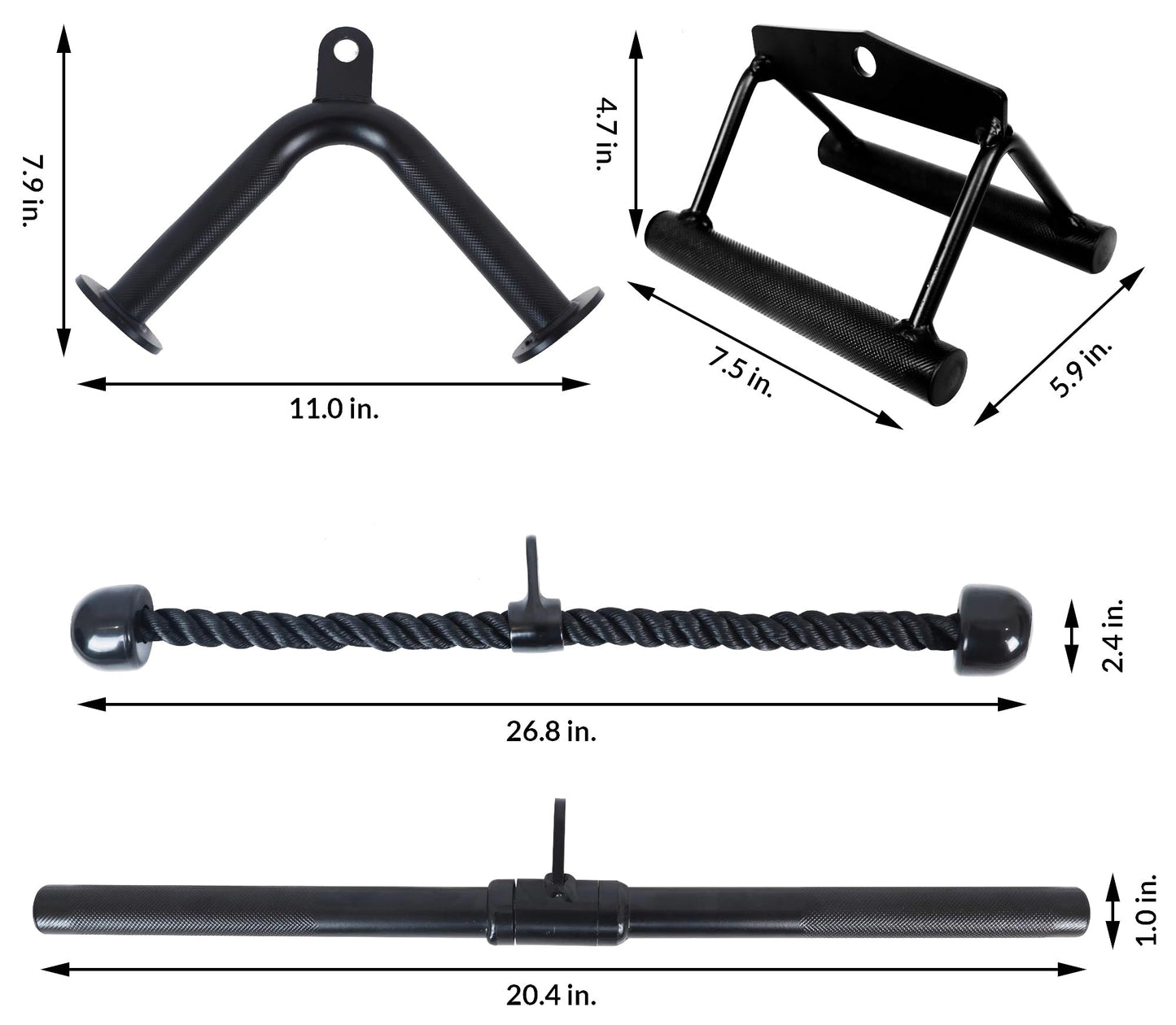 Fitvids Tricep Press Down Cable Attachment, LAT Pulldown Attachment, Weight Machine Accessories, V Handle with Rotation, Tricep Rope, Rotating Bar, V-Shaped Bar, 4-Piece