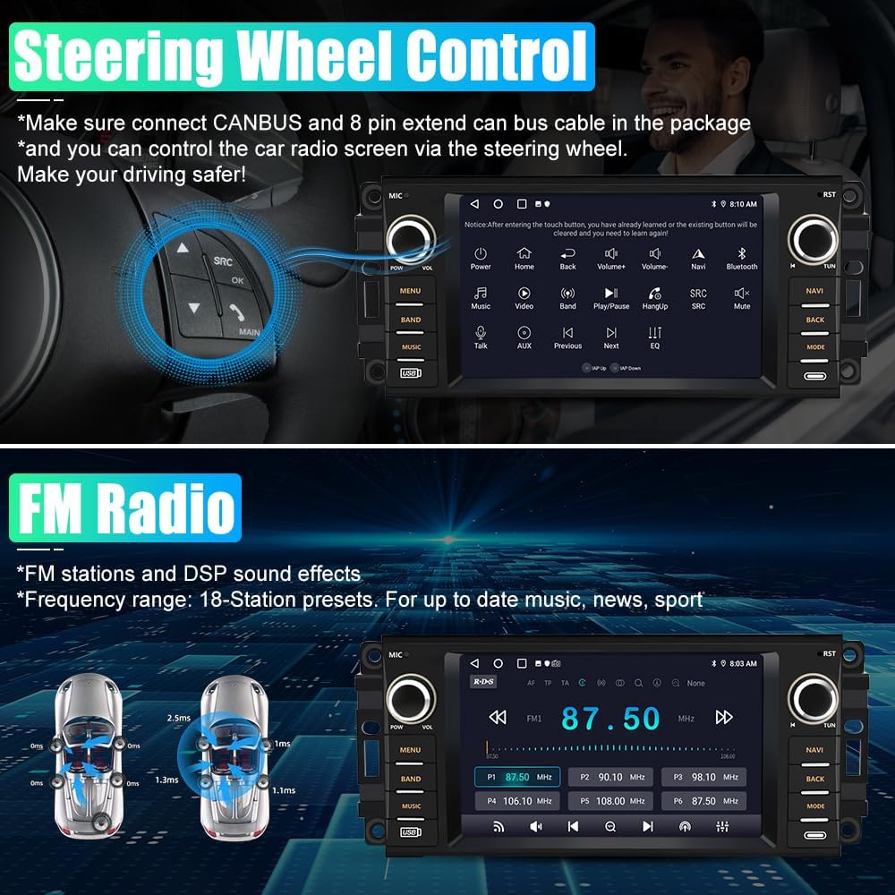 AWESAFE Android Car Stereo for Jeep Wrangler Radio 2007-2018 Chrysler Dodge Ram 1500 with Wireless Carplay, 7 Inch Touch Screen for Jeep Car Radio with WiFi GPS FM Radio + Backup Camera