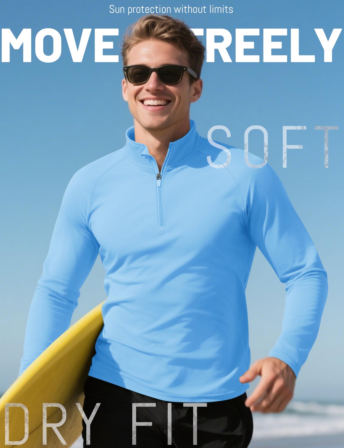 KEFITEVD Mens Sun Shirts UV Protection Long Sleeve Summer Quarter Zip T-Shirts Brethable Boating Water Shirt Blue L