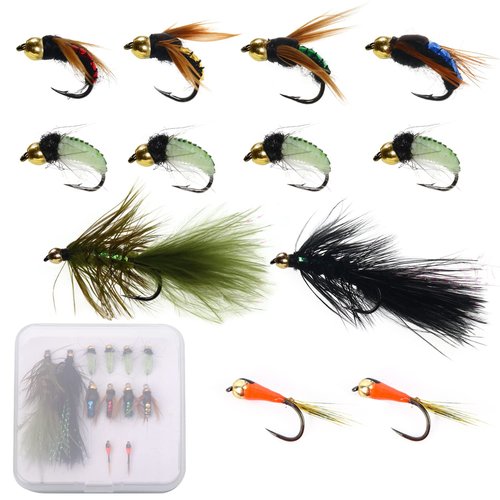 IEVEI 12Pcs Fly Fishing Flies Kit, Premium Hand-Tied Fly Fishing Flies Assortment, Dry/Wet Flies, Nymphs Scud Streamers Flies with Portable Fly Fishing Box for Trout Bass Fishing Lures