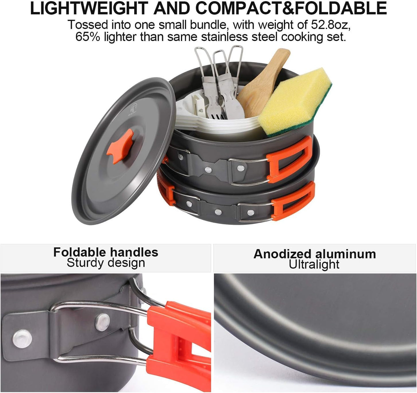 REDCAMP 6/10/11/12/14/15/19 PCS Camping Cookware Mess Kit Camping Gear Campfire Utensils Lightweight Stackable Pot Pan Bowls Soup Spoon with Storage Bag for Camping, Backpacking, Outdoor Cooking