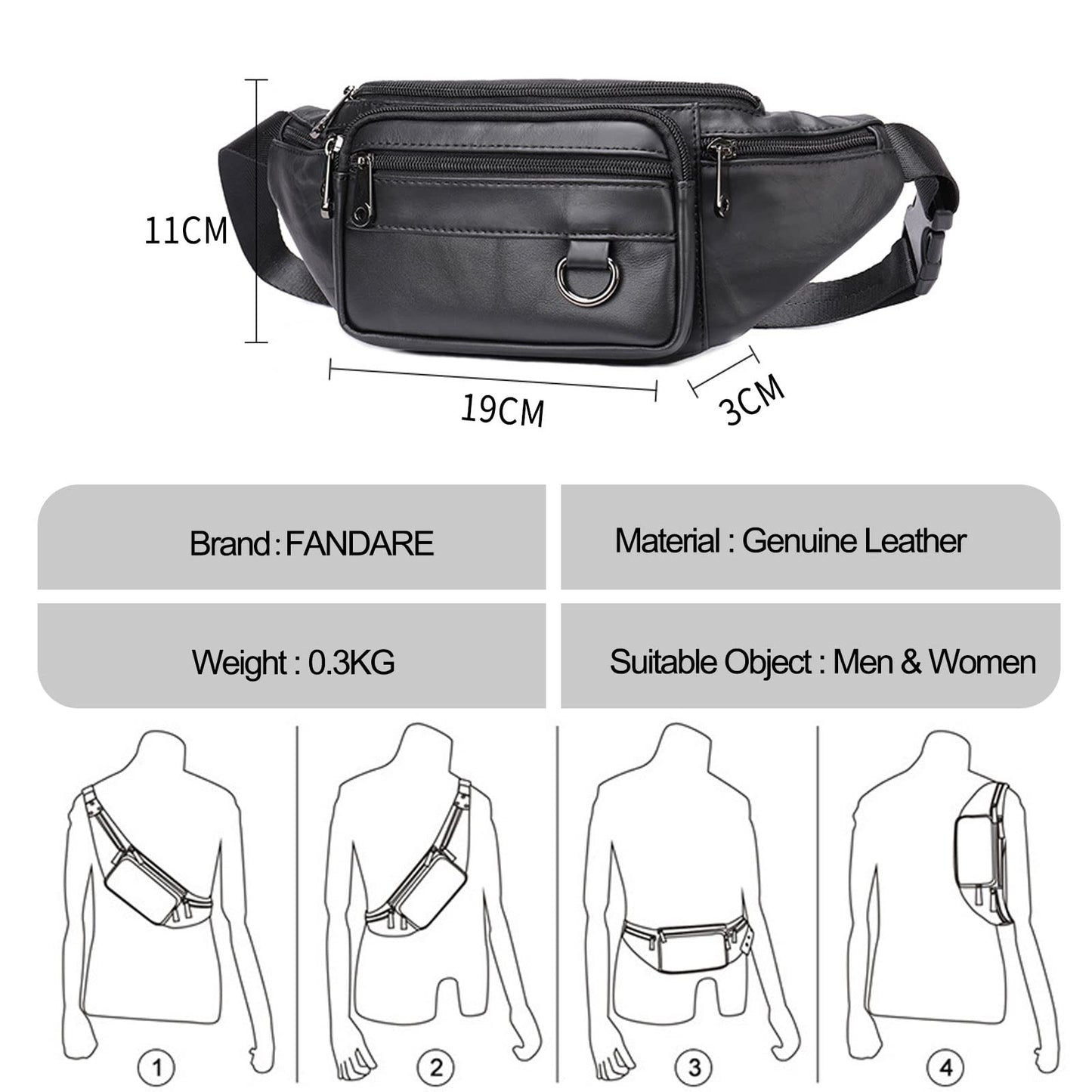 FANDARE Waist Fanny Pack Bumbags for Women Men Sling bag Genuine Leather Chest Crossbody Bag Cover Pack for Hiking Cycling Travelling Outdoor Sport Gym Business Shoulder Bag Black B