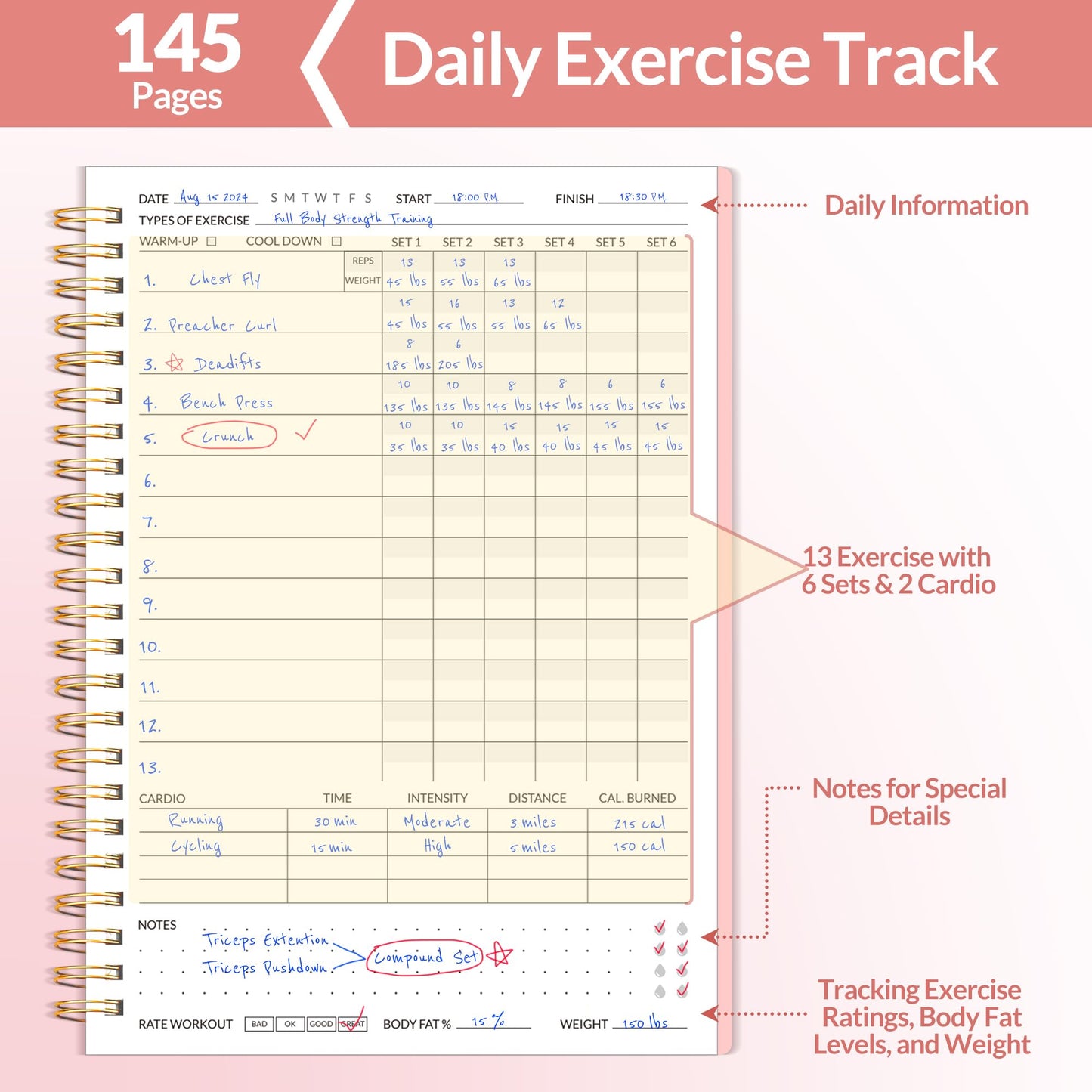 Fitness Journal Workout Planner for Women & Men, A5 (6.4" x 8.3") Workout Journal Log Book Planner Gift for Track Gym Essentials, Home Workouts, Track Progress, Achieve Wellness Goals, Pink