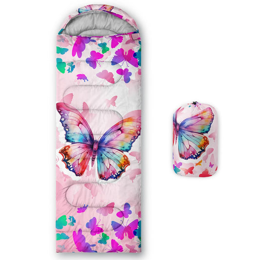HOSIMA Pink Butterfly Sleeping Bags for Girls,Animal Theme Camping Sleeping Bag for Kids Boys Girls,Waterproof Ultralight Sleeping Bags & Camp Bedding Suitable for All Seasons.