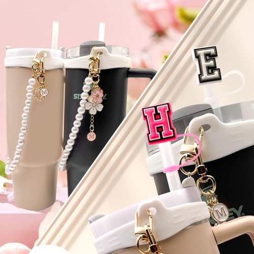 Lingdeer Water Bottle Handle with 2Pcs Letter Charms & 2Pcs Personalized Initial Straw Cover Toppers, Water Bottle Holder Lanyard Sling Carrier Strap, Suitable for 30&40 Oz Stanley Cup Accessories (H)
