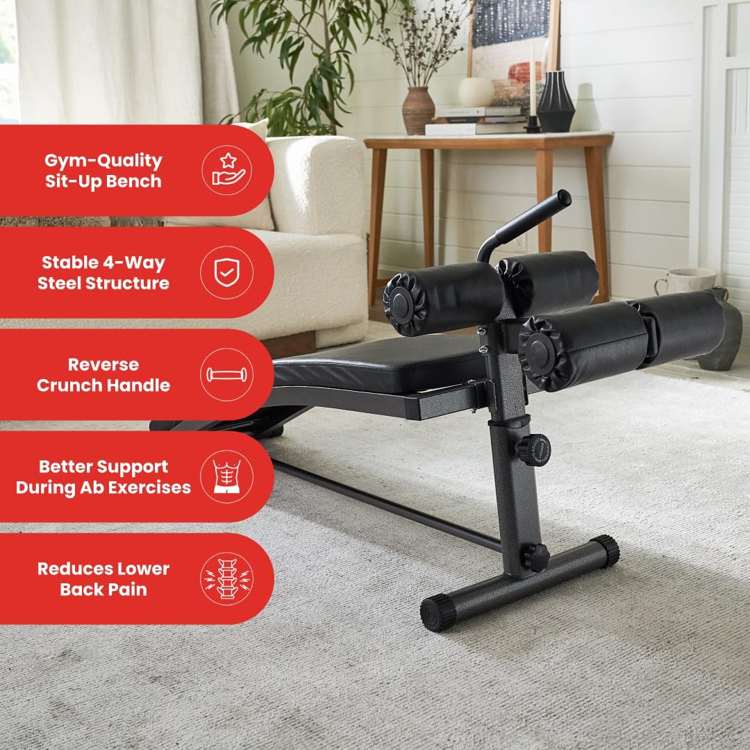 Finer Form Gym-Quality Sit Up Bench with Reverse Crunch Handle - Curved Ab Workout Bench for Your Home Gym. More Effective than an Ab Machine or Ab Roller. Get Abdominal Weight Bench for Decline Bench Press Right in Your Home Gym.