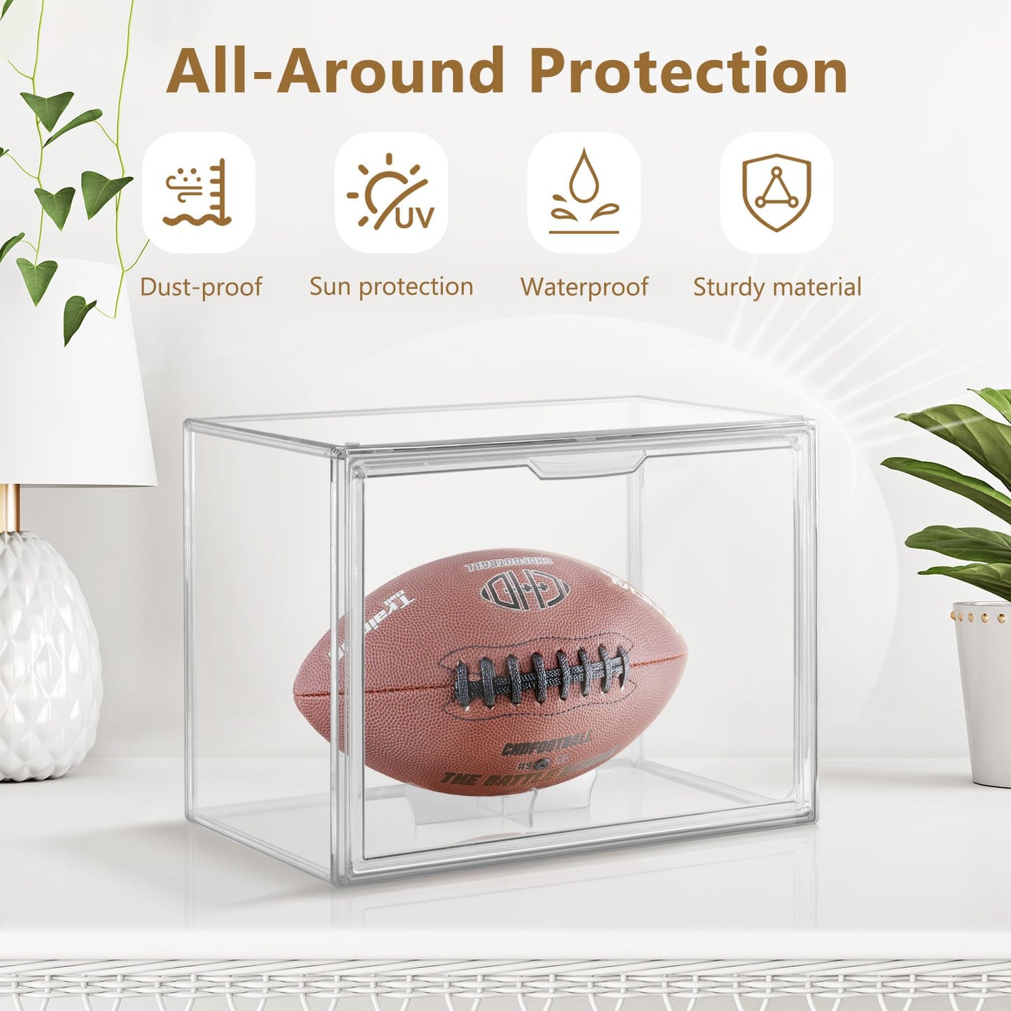 Football Display Case, Clear Stackable PET Storage Bins with Magnetic Attraction Lid, UV Protected Display Case for Autographed Footballs, Action Figure, Handbag, Models, Shoe Organizer