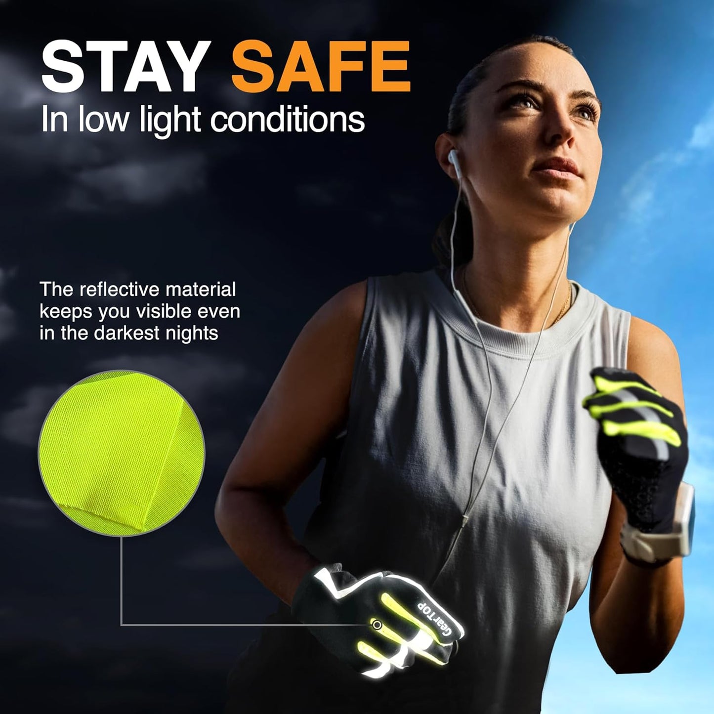 GearTOP Running Gloves for Men & Women, Touchscreen Cold Weather Jogging Gear, Fluorescent Reflective Winter Gloves Visible at Night, Warm Glove Liners for Hiking