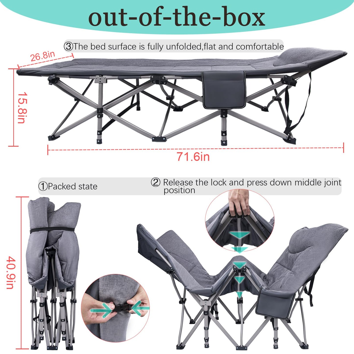 KAKO Folding Camping Cot, Heavy Duty 600 Lbs Portable Bed for Adults, Camping Beds with Carry Bag, Grey