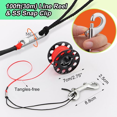 Surface Marker Buoy Scuba with Reel, 5ft High Visibility Diving Open Bottom Signal Tube Safety Sausage with Pouch Bag, 100ft ABS Dive Reel and Steel Double-Ended Bolt Snap (Hi-Vi Red)