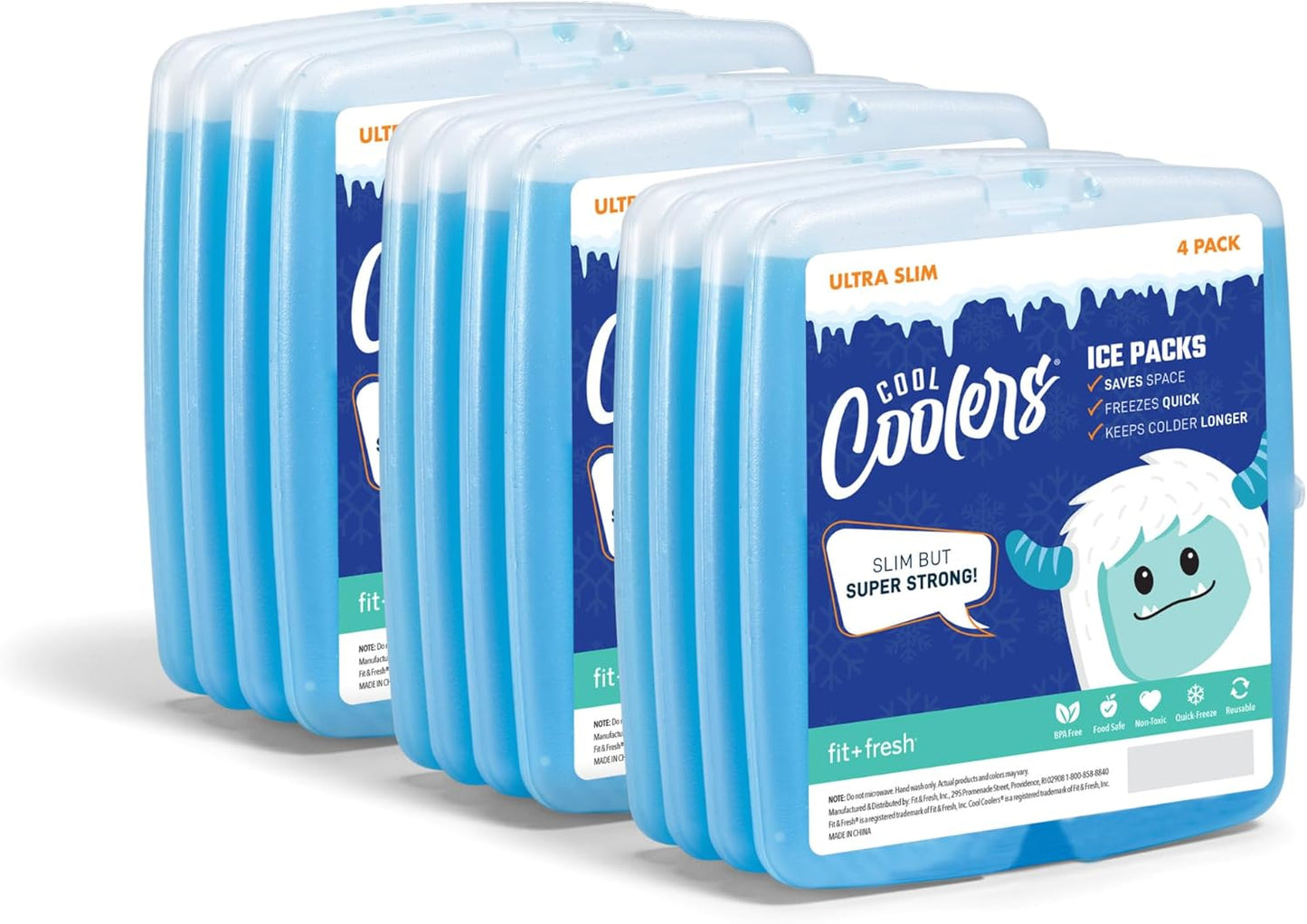 Cool Coolers By Fit & Fresh 4 Pack Slim Ice Packs, Quick Freeze Space Saving Reusable Ice Packs for Lunch Boxes or Coolers, Multi Colored, Single Pack