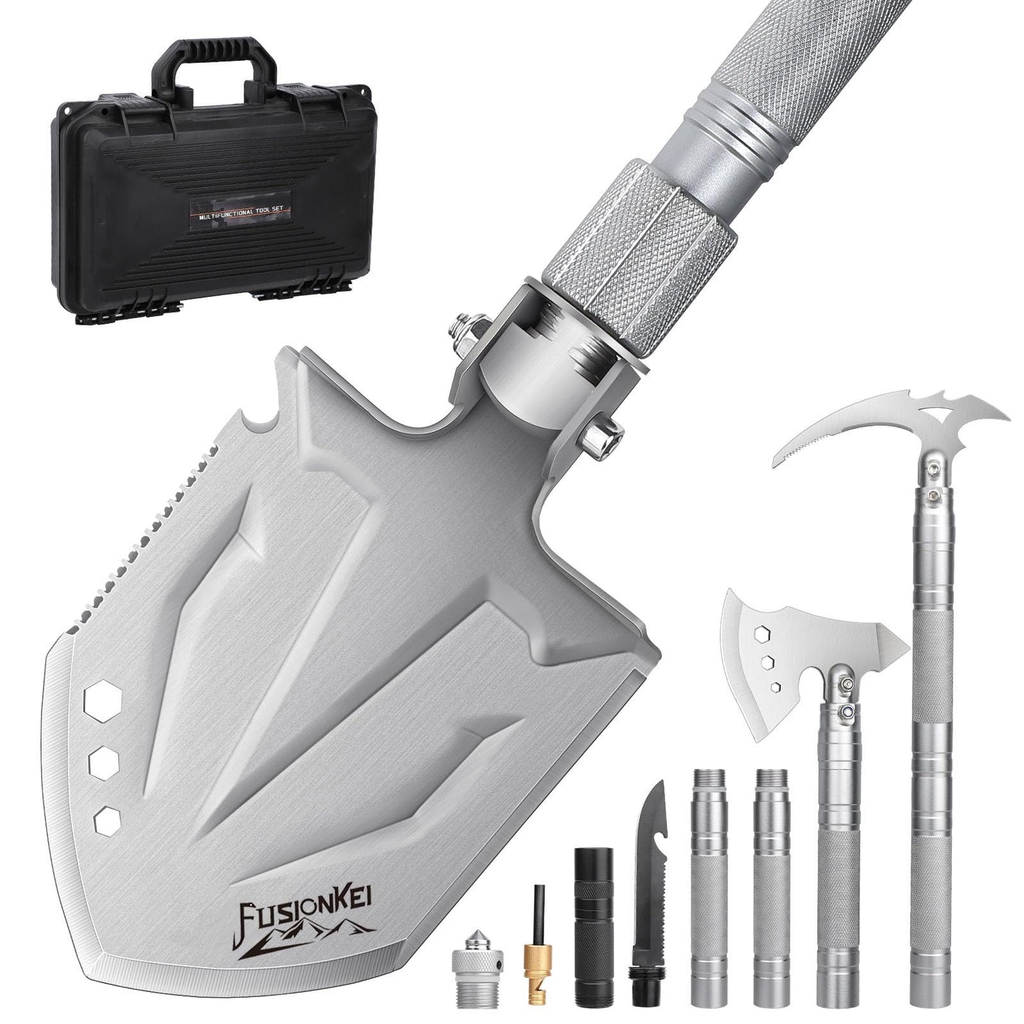 FUSIONKEI Folding Shovel 18 in 1 Multifunctional Camping Shovel Outdoor Spade Field Spade with Axe and Pickaxe for Offroad Survival Hiking Garden