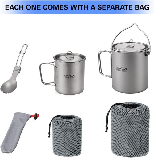 Lixada Titanium Camping Cookware with Folding Spork, 750ml Camping Titanium Pot & 450ml Coffee Mug with Foldable Handle & Lid, Portable Outdoor Camping Cookware Set for Backpacking Hiking Cooking