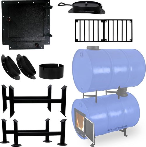 Double Oil Barrel Stove Kit – Fits 30 to 55 Gallon Drum Fireplace Kit, Steel Camping Stove Kit W/Stove Door & Grate – DIY Barrel Stove for Garage Heater in Winter Cabins, Workshops & Off-Grid Space