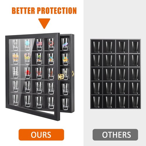 tutata Shot Glass Display Case, 25 Slots Shot Glass Holder with Door, Wall Mounted Shot Glass Storage Case, Black, TBCL07