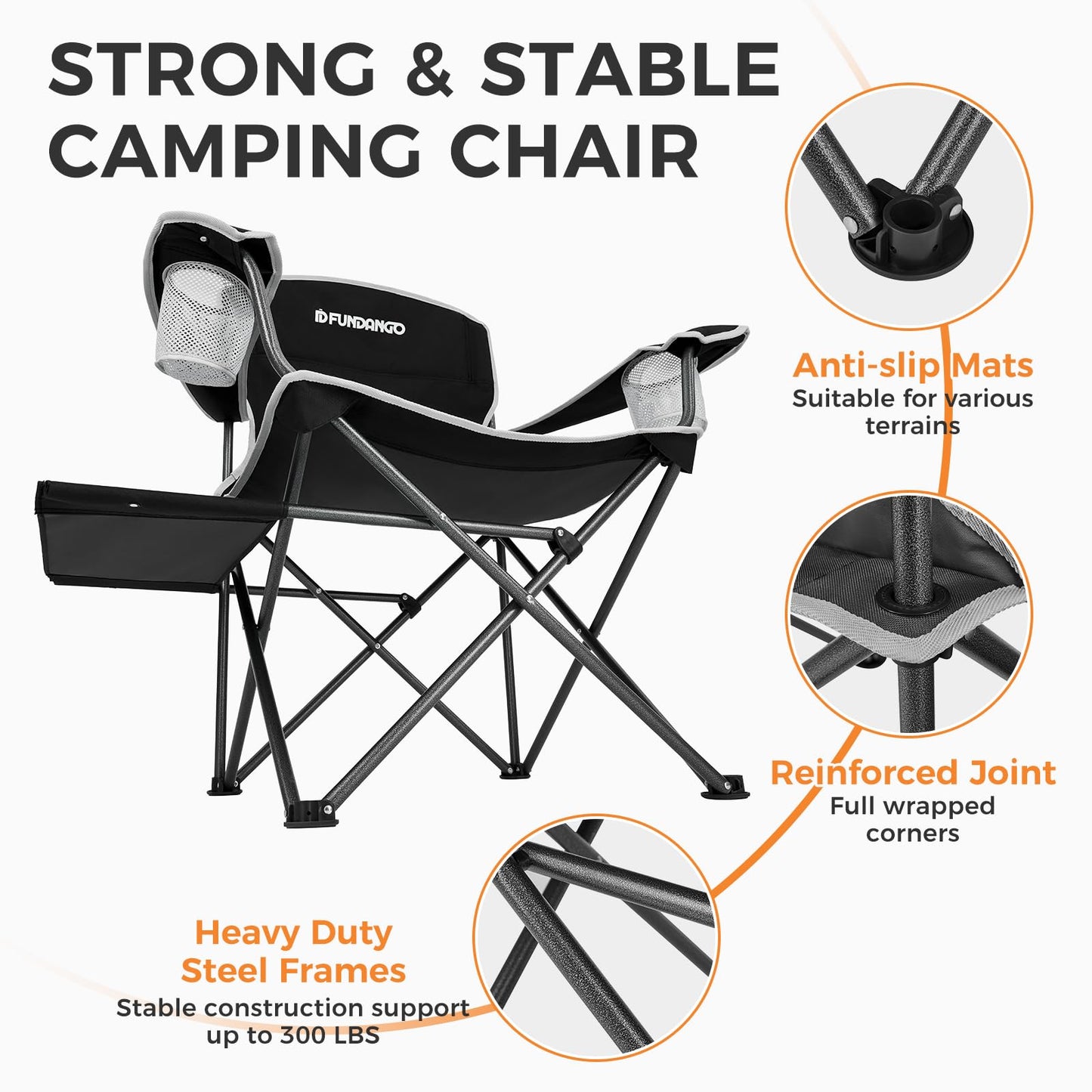 FUNDANGO Camping Chairs for Adults, Outdoor Camping Chairs with Side Table, 2Pack Lawn Chair with Carry Bag and Cup Holder for Garden, Camping, Picnic, BBQ, Concert, Support 300LBS