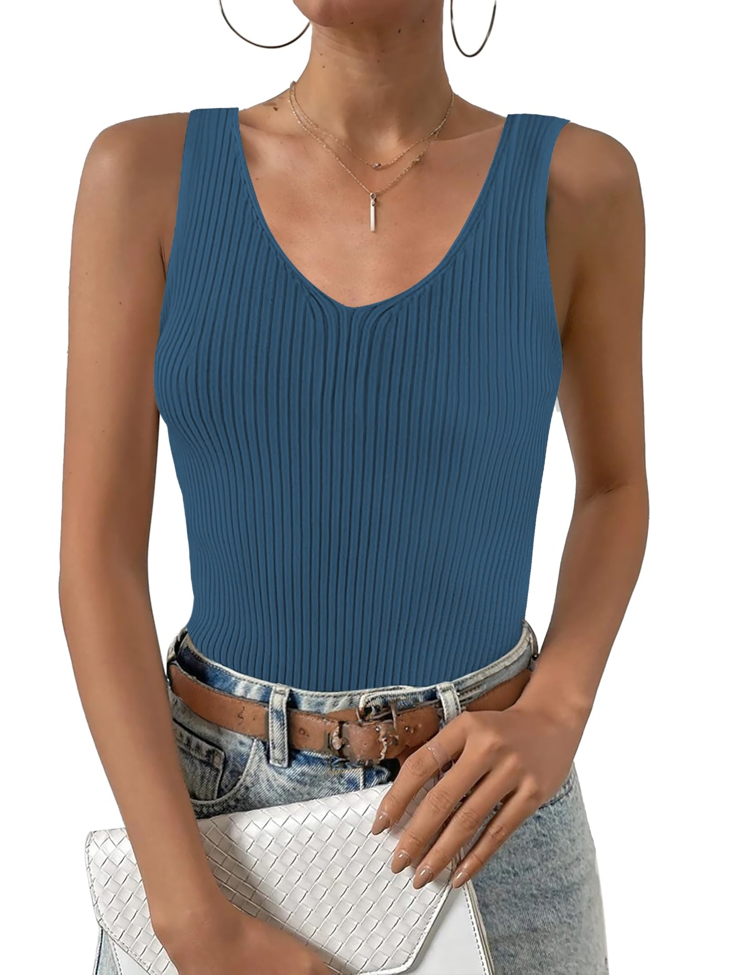 Zeagoo Womens Ribbed Tank Tops 2024 V Neck Slim Fit Knit Sleeveless Shirts Casual Basic Tee Navy Blue M