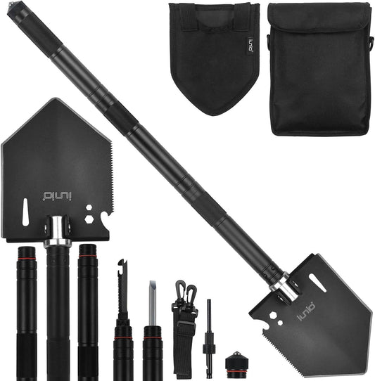 iunio Camping Shovel,Shovel Folding, Portable, Multitool, Foldable Entrenching Tool, Collapsible Spade, for Backpacking, Trenching, Hiking, Survival, Car Emergency