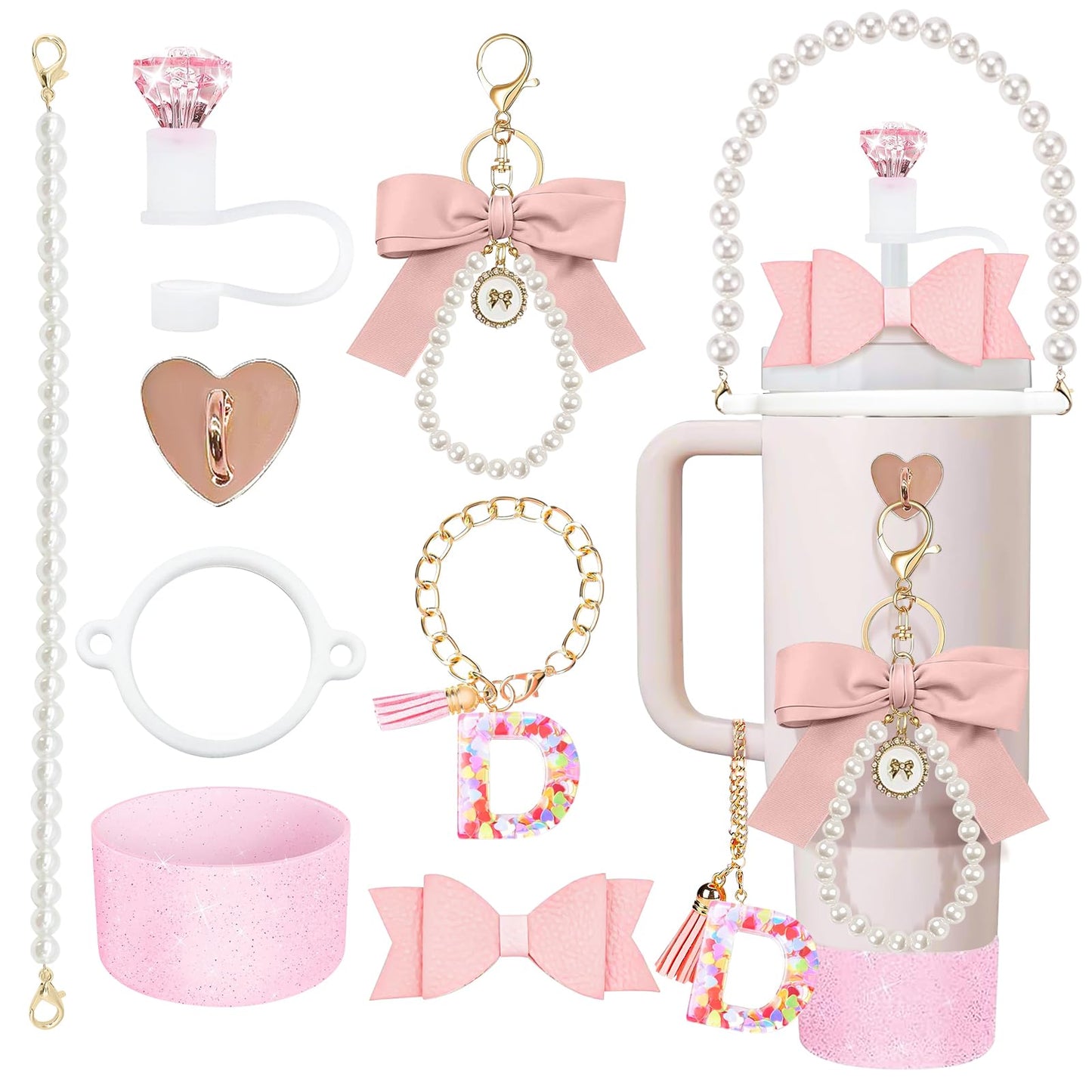 8Pcs Pink Stanley Cup Accessories Set for Stanley Cup 30&40 Oz Tumbler - Silicone Straw Cover Cap and Boot, Letter Charm for Handle, Bow Straw and Charm Decoration, Pearl Water Bottle Handle Strap(D)
