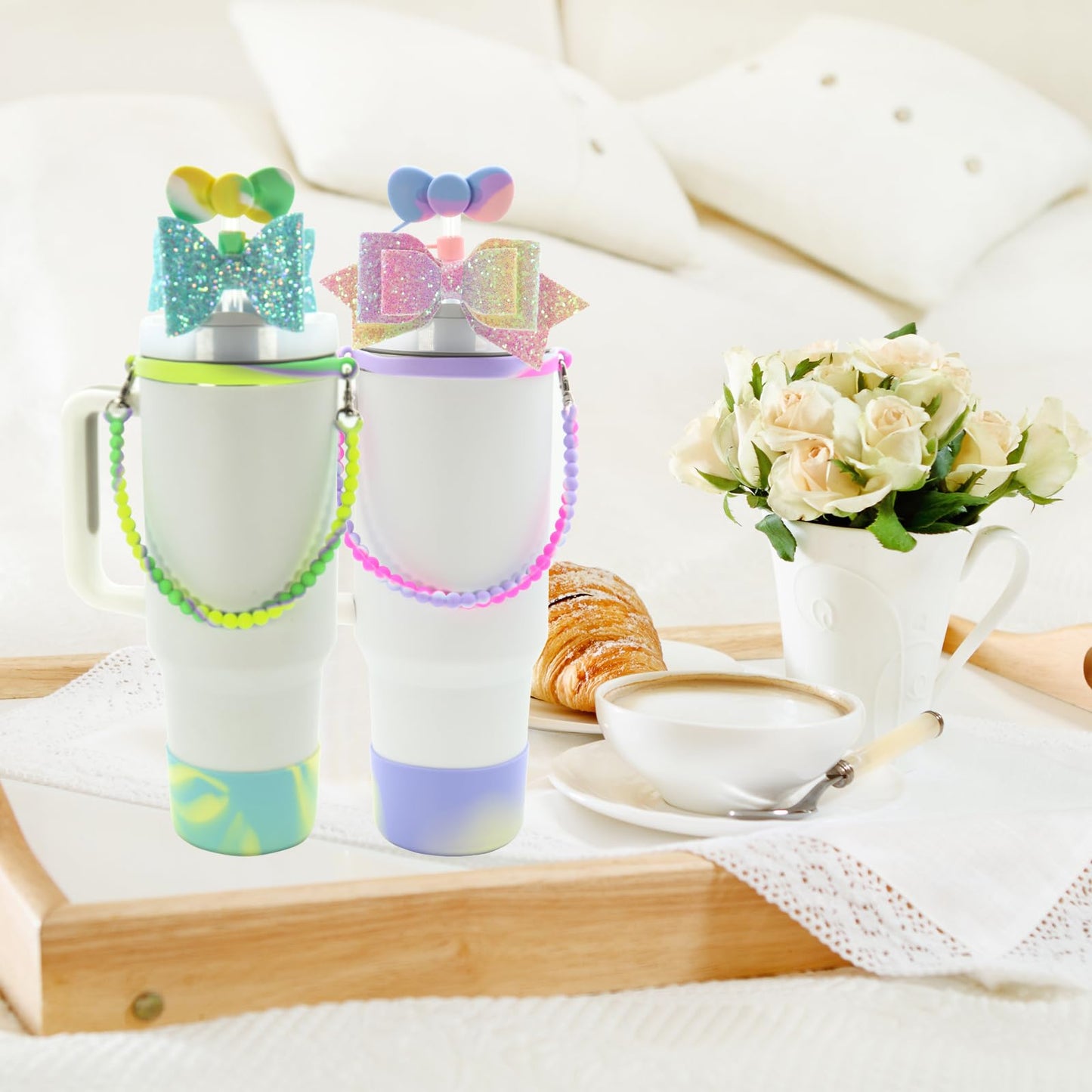 4pcs Stanley Cup Accessories Set, Silicone Bow Straw Cover 10mm for 30&40 oz tumbler with Boot & Water Bottle Handle Strap, Bling Stanley Charms (Green Gradient)