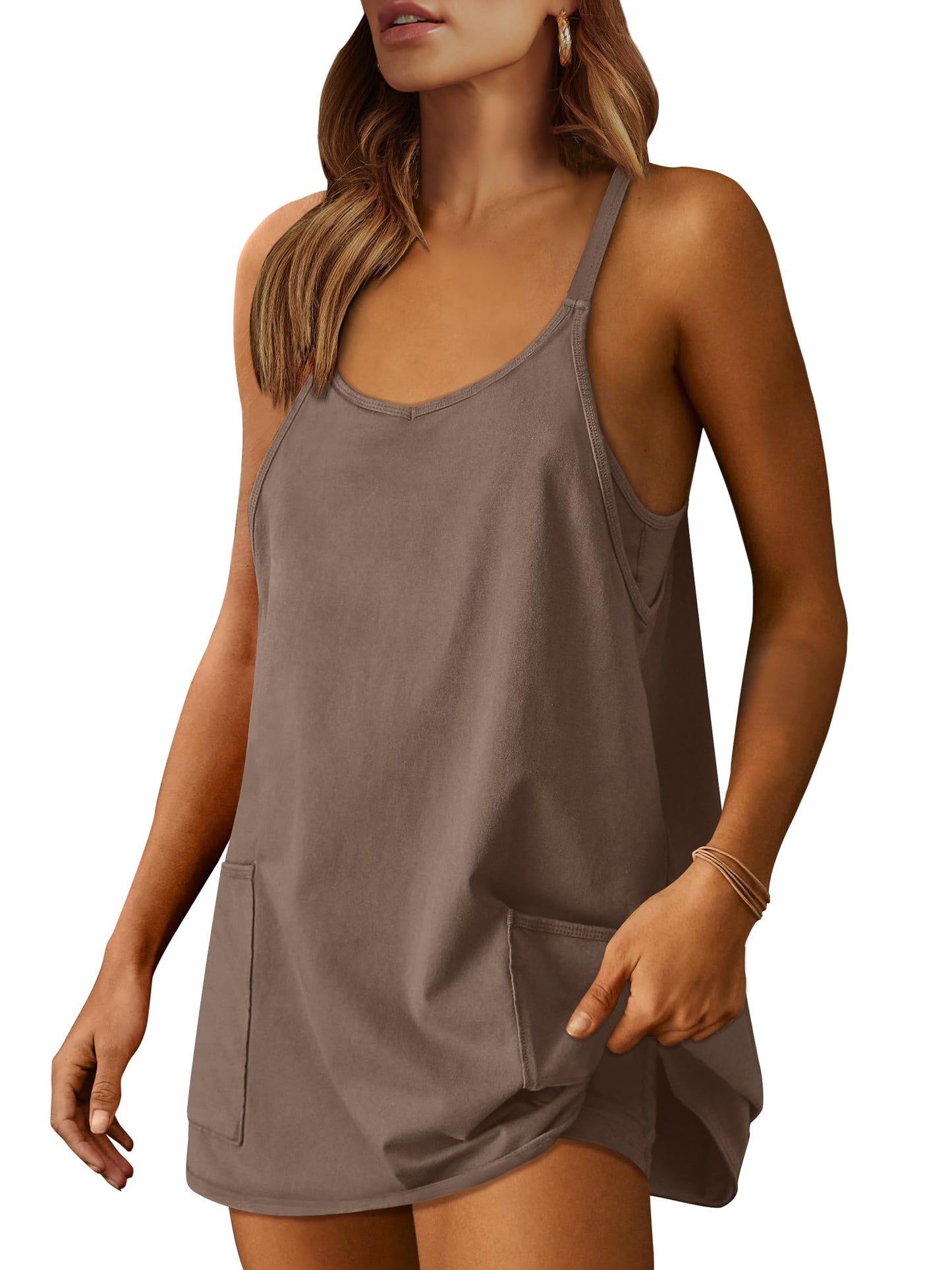ANRABESS Women Athletic Dress Summer Tennis Workout Active Sports Mini Romper Dress Built in Shorts Travel Vacation Clothes Coffee X-Large