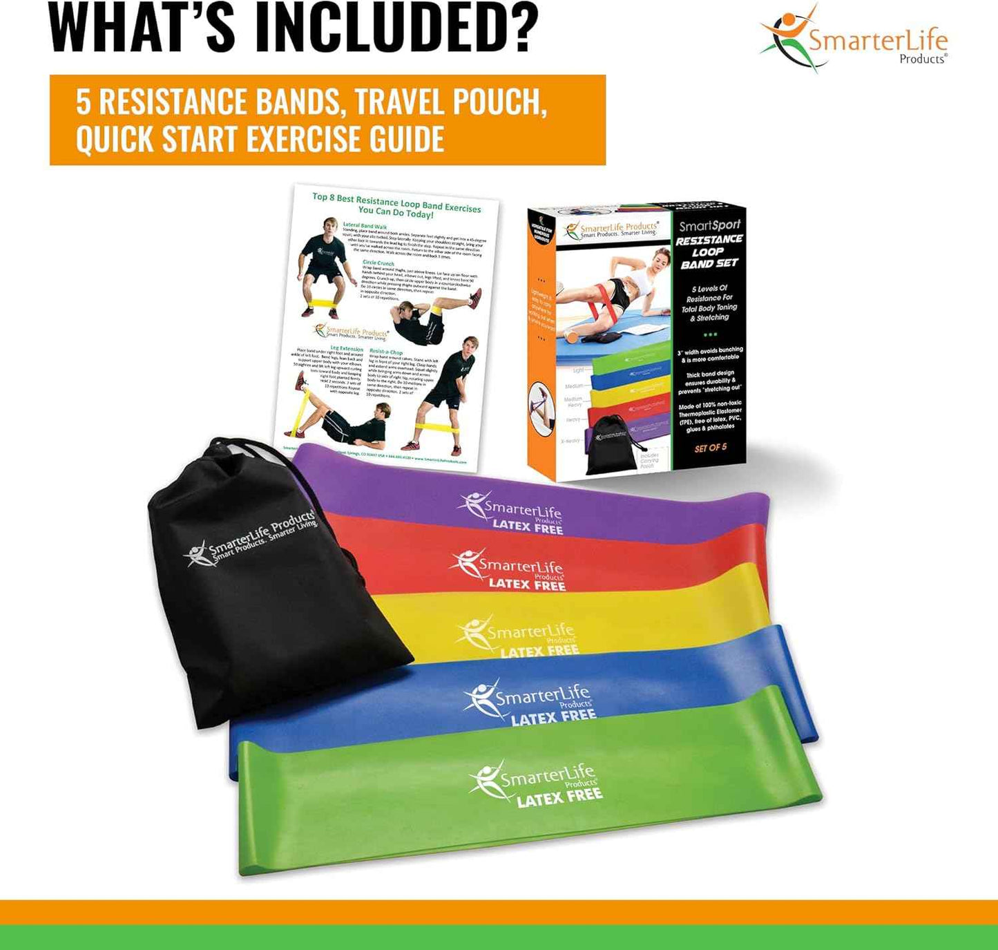 SmarterLife Resistance Bands - Latex-Free Exercise Bands for Home Gym & Weight Loss, 5 Extra Wide Booty Bands for Men & Women