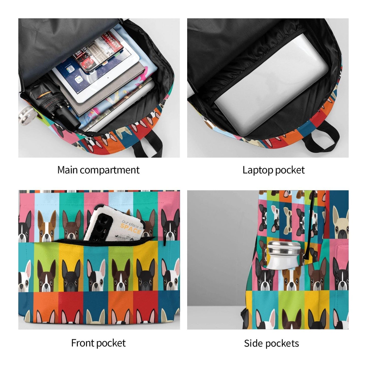 ACDRUING Cartoon Boston Terriers Bulldog Waterproof Backpack Adjustable Shoulder Straps Bag Large Capacity Casual Daypack Bookbag For Travel Work