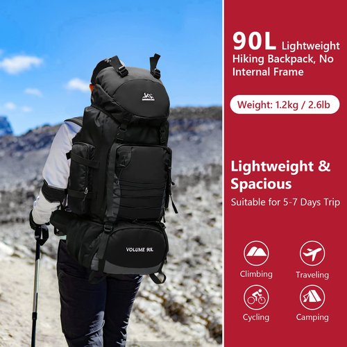 Hiking Backpack with Rain Cover, 90L Camping Backpack, Lightweight Travel Daypack for Hiking Climbing Camping Touring