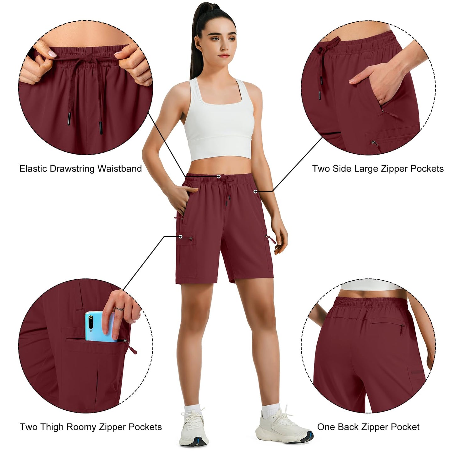 Hugut Women's Lightweight Hiking Cargo Shorts Quick Dry Athletic Shorts Camping Travel Golf Zipper Pockets Water Resistant Maroon
