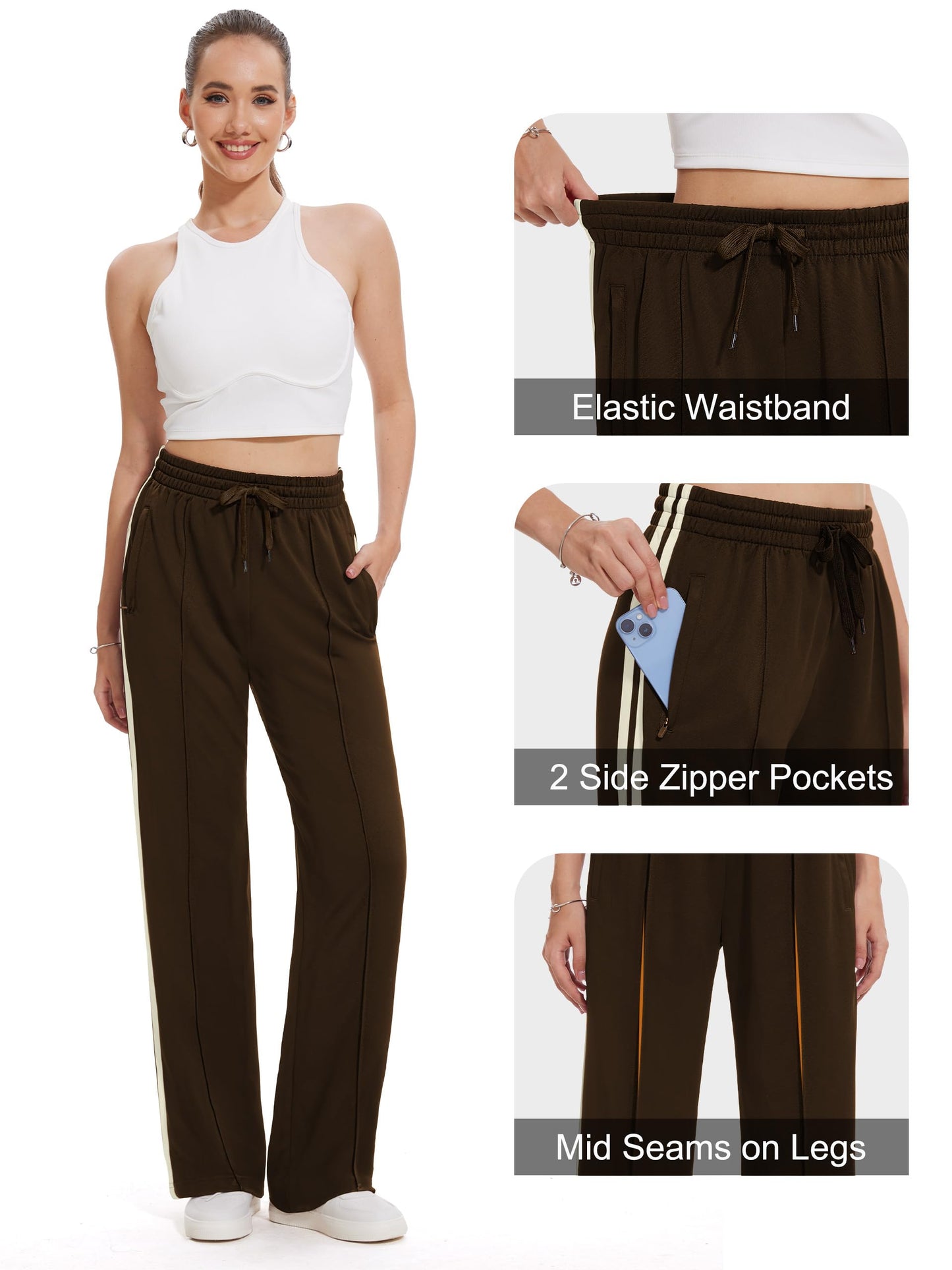 Tapata Petite Womens 28" Inseam Track Pants Relaxed Fit Striped Workout Sweatpants Baggy Trousers with Zipper Pockets, Brown, S
