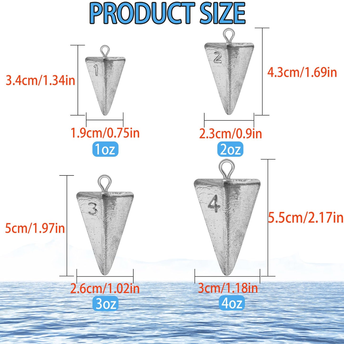 Fishing Weights Pyramid Sinkers Kit Bullet Fishing Weights Sinkers for Ocean Saltwater Surf Fishing - Essential Tackle Set in 1oz, 2oz, 3oz, 4oz Sizes