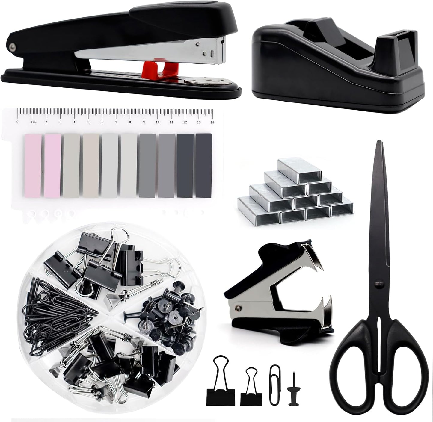 White Office Supplies, UPIHO White Desk Accessories, Stapler and Tape Dispenser Set for Women with Stapler,Tape Dispenser, Staple Remover, Staples,Scissor and Tabs for Students Office Clerks