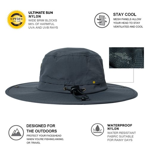 Comhats UPF 50 Sun Hats Wide Brim Summer Safari Hat Fishing Hiking Boonie Hats for Men Waterproof Dark Grey Large X-Large XX-Large XL XXL Oversize