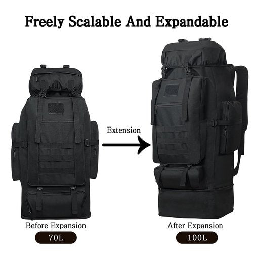 Lizbin 100L Camping Hiking Backpack, Military Tactical Backpack Molle Rucksack, Extra Large Hiking Backpack, Water Resistant Hiking Daypack, Outdoor Sports Backpack, Adjustable Sport Bags (Black)