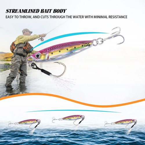 Goture Fishing Jigs,Lead Vertical Jig Saltwater, Jig Fishing Lures with Assist Hook and Treble Hook,Fishing Jigging Spoon Lures for Tuna,Salmon,StripedBass,Grouper Snapper,Kingfish(7g 6pcs)