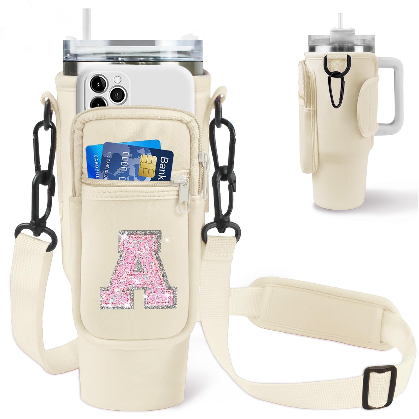 Aganmi Water Bottle Carrier Bag with Phone Pocket for Stanley 40oz Tumbler,Glitter Initial Sport Water Bottle Holder Sling Pouch with Adjustable Strap for Stanley Cup Accessories (Cream A)