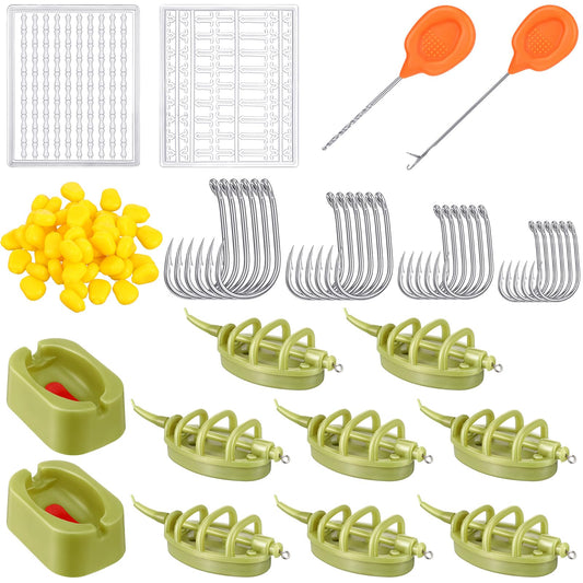 Silipull 88 Pcs Carp Fishing Hair Rigs Kit Includes 24 Curved Barbed Carp Hook 50 Fake Corn Lures 2 Line Bait Stopper 2 Needle 8 Inline Method Feeders 2 Quick Release Mold Fishing Accessories