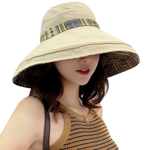 HUAMULAN Women Wide Brim Sun Hats Summer Bohemian Beach Fishing Hat UV Protection for Hiking Garden Travel Lawn Work Chin Strap
