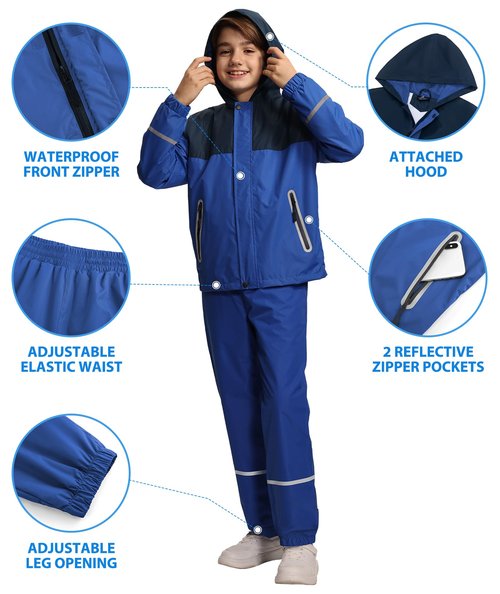Dekomere Kids Rain Suit Boys Girls Waterproof Lightweight Raincoat and Pant Rain Gear for Camping Hiking