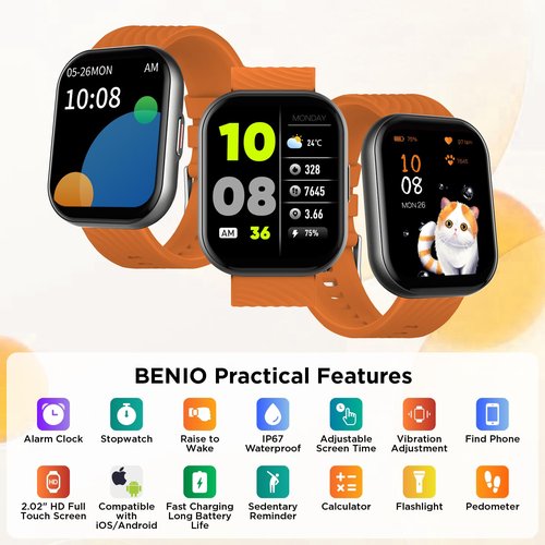 BENIO Smart Watch (Answer/Make Call), Voice Calls, 2.02" Fitness Tracker with 24/7 Heart Rate, SpO2, Sleep Tracker, 100 Sports Modes Activity Trackers, IP67 Waterproof Step Calorie Counter
