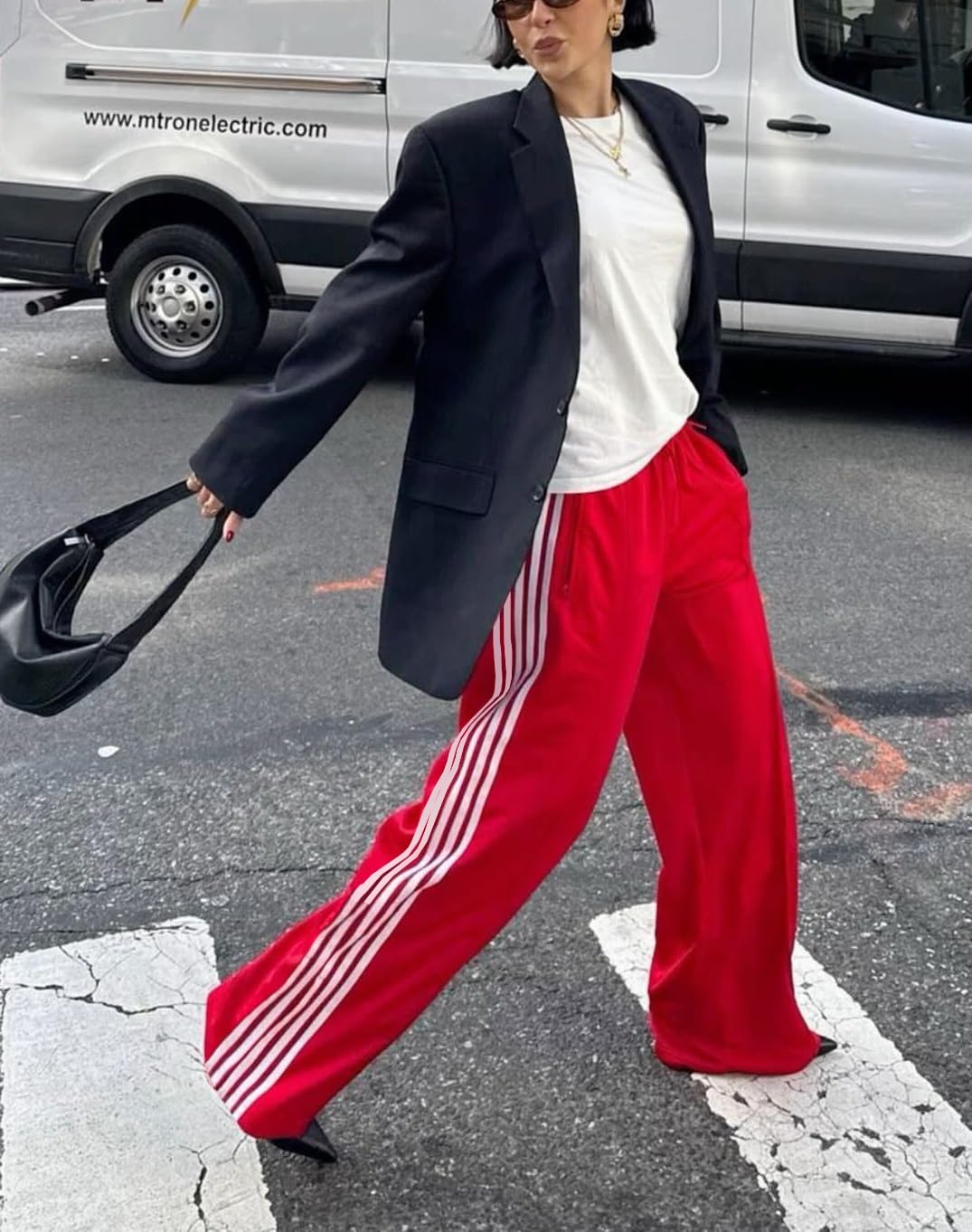 KMBANGI Women Striped Track Pants Elastic Waist Straight Leg Sweatpants Joggers Wide Leg Side Stripes Pants with Pockets(Casual Red,S)
