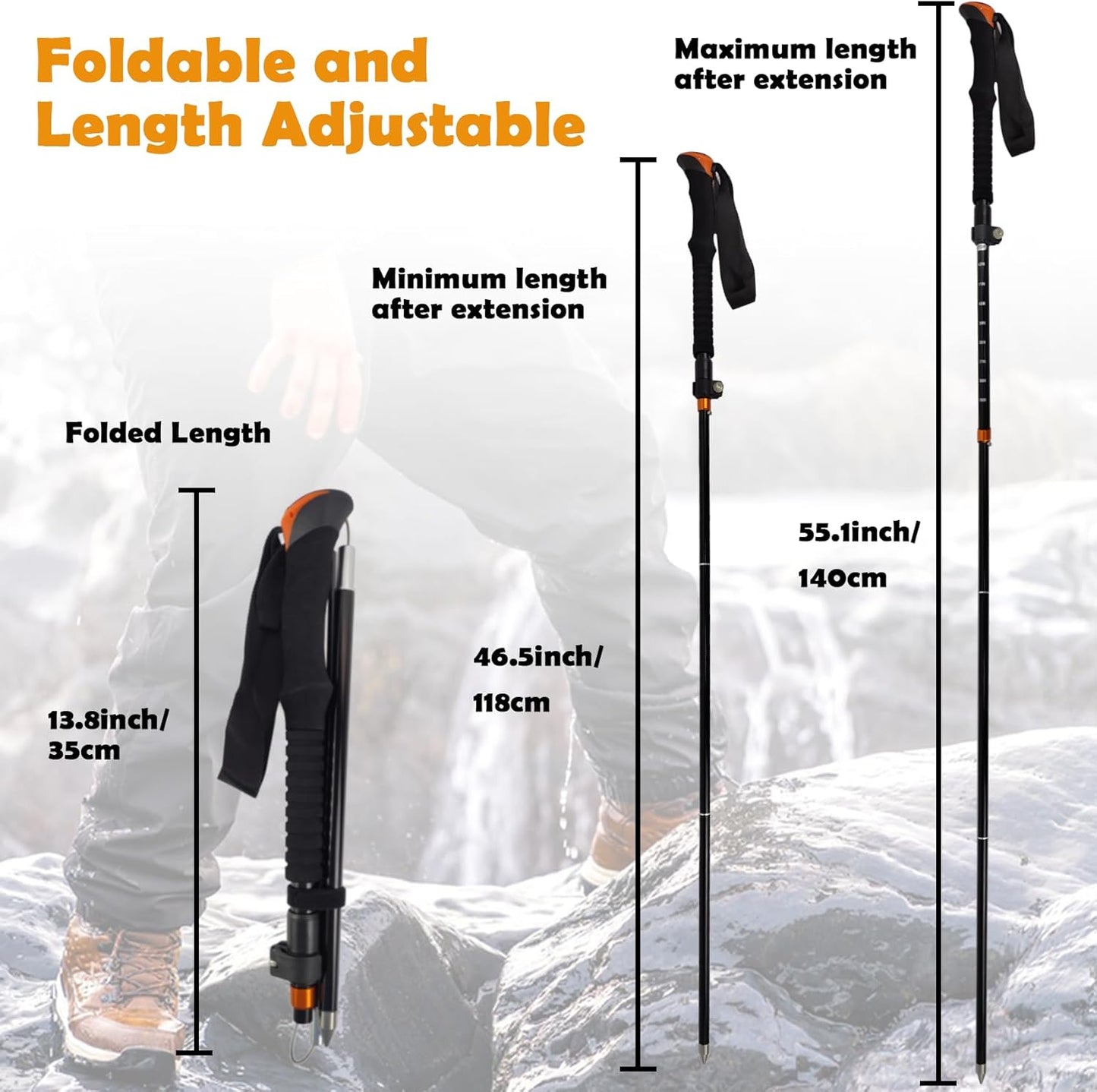 Aventik Fold-able Wading Staff Water Depth Safety Warning Sign Coated Stainless Steel Core T7075 Aluminum Body Corrosion Resistance