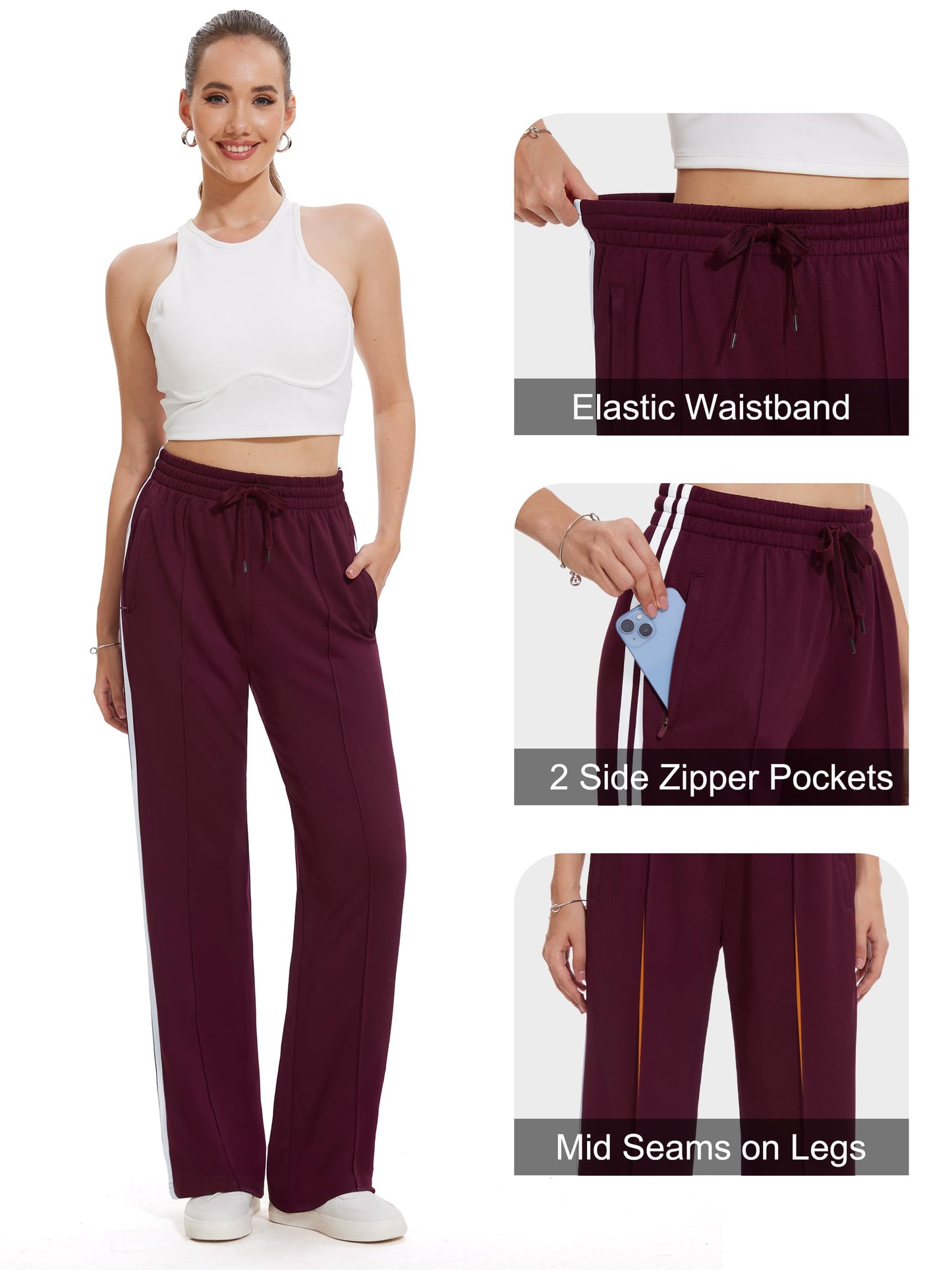 Tapata Women's 28" Inseam Petite Track Pants Loose Straight Leg Jogging Sweatpants Warm-Up Sports Athletic Running, Burgundy, S